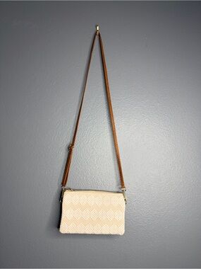 Cream Woven Crossbody Bag with Brown Strap